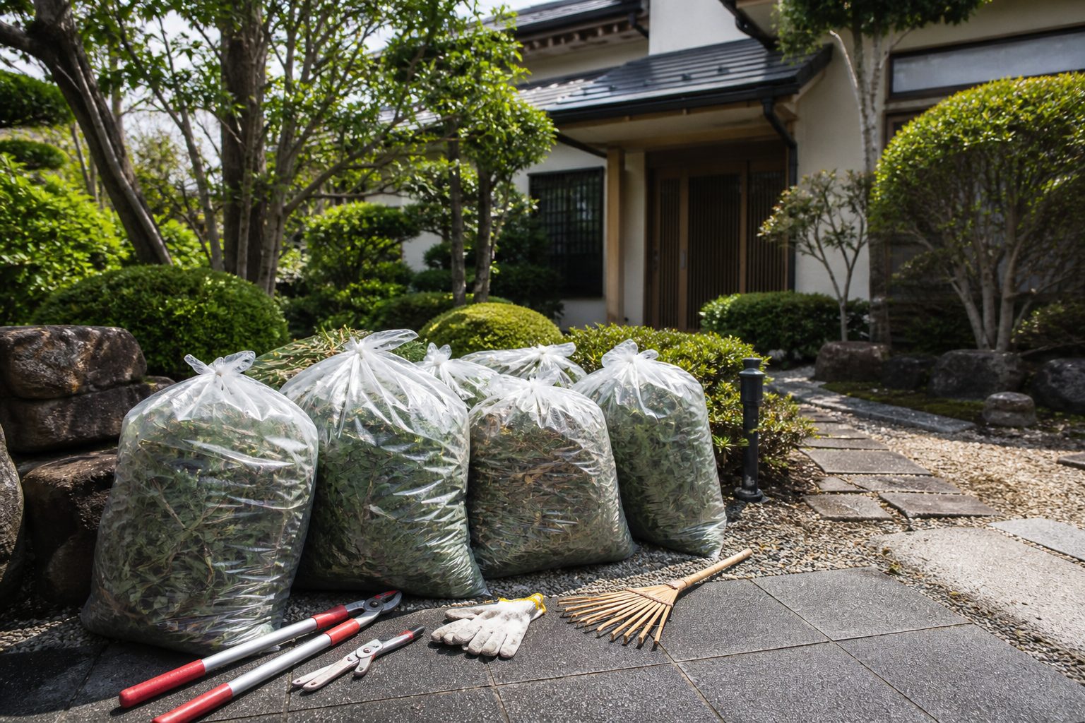 剪定作業後の日本家屋の庭。刈った枝葉を詰めたゴミ袋、剪定ばさみ、熊手が置かれている