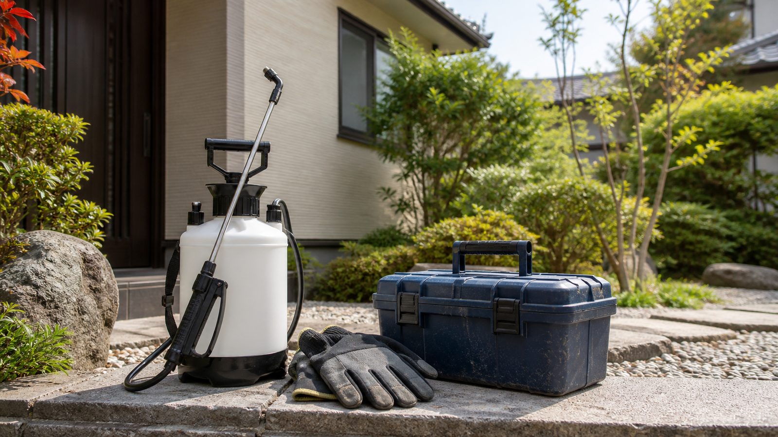 住宅の玄関先に置かれた駆除用の噴霧器・軍手・工具箱