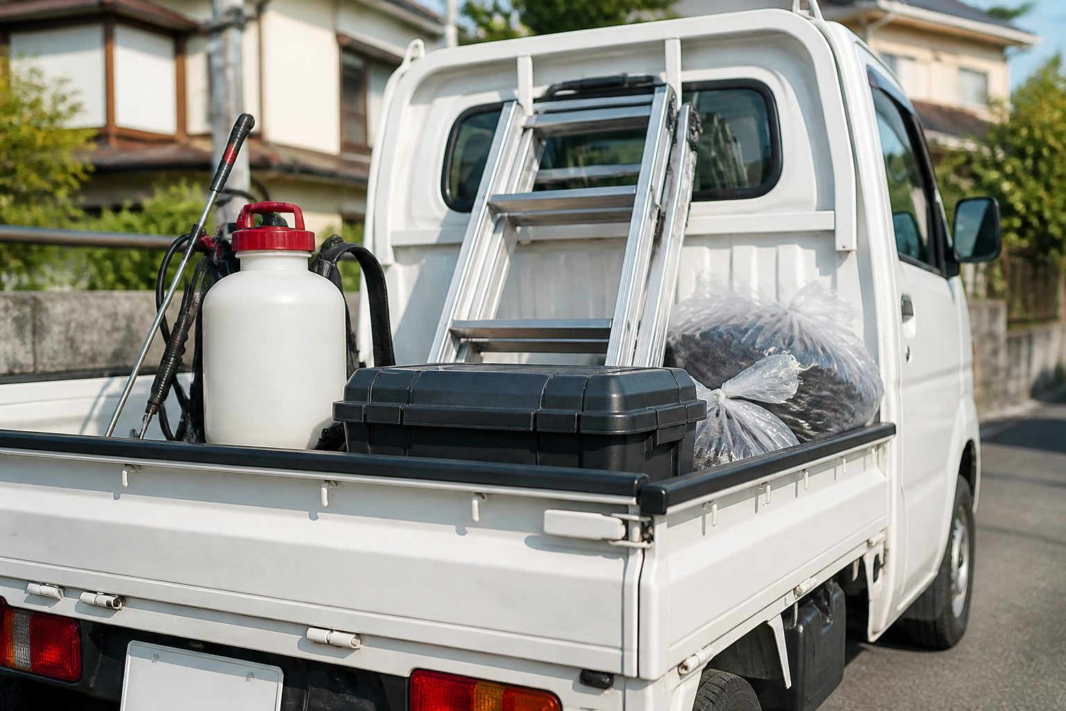 軽トラックの荷台に積まれた噴霧器と脚立